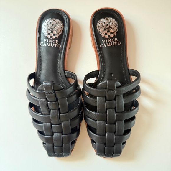 Vince Camuto Cresetia Black Leather Woven Slip-On Sandals Block Heel - Picture 2 of 7